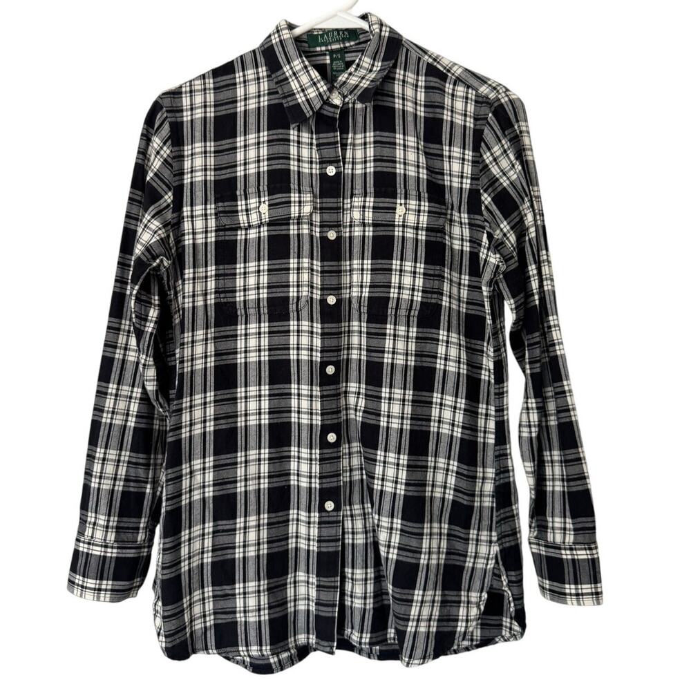 Lauren Ralph‎ Lauren Black White Flannel Button Down Long Sleeve Shirt Size PS